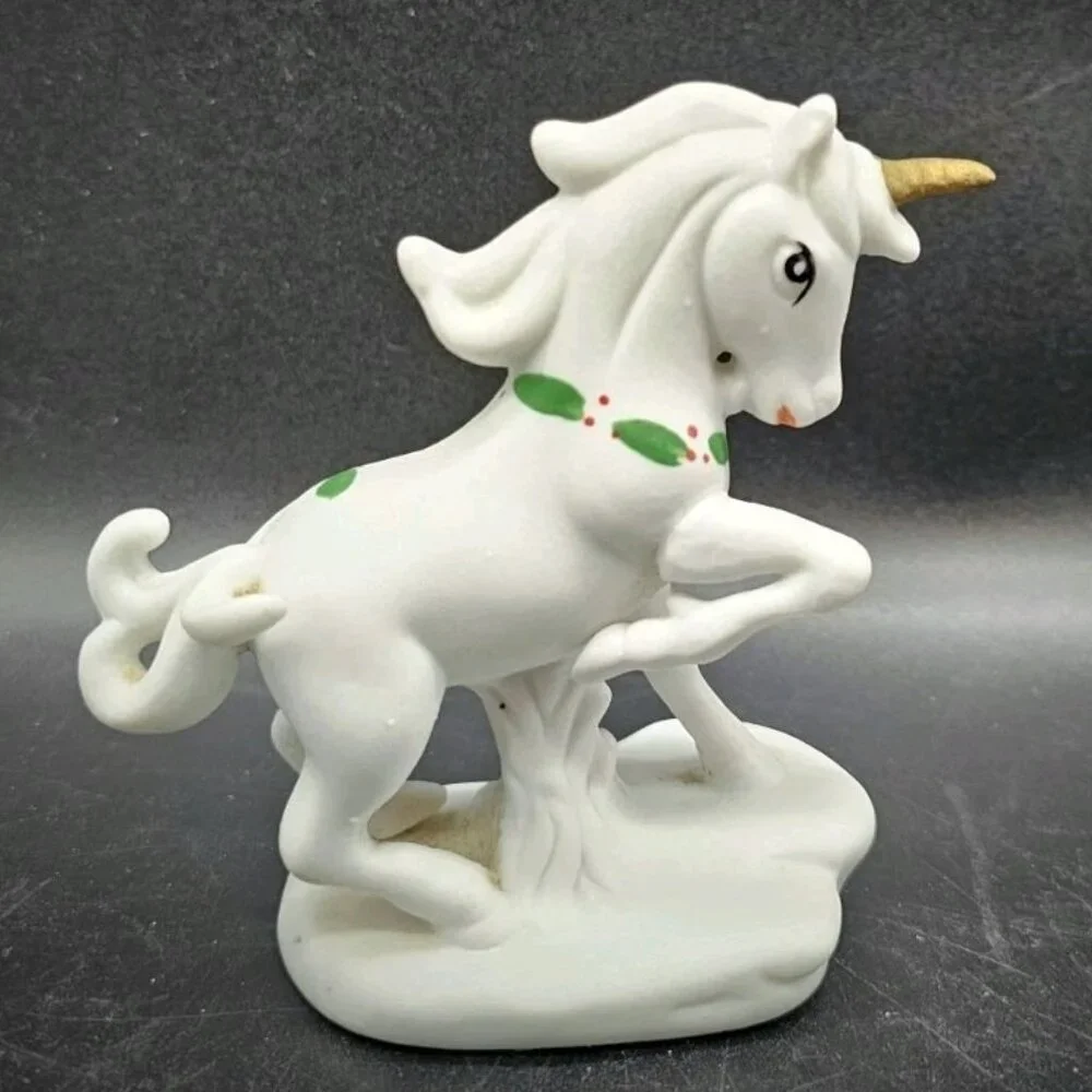 Vintage Prancing Unicorn With Christmas Holly Collar Ceramic Figurine Fantasy